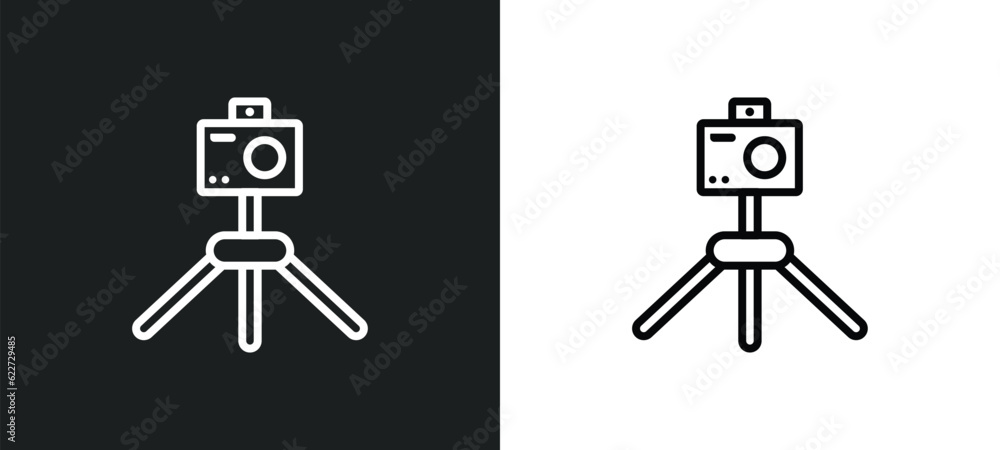 Poster camera stand outline icon in white and black colors. camera stand flat vector icon from electronic s