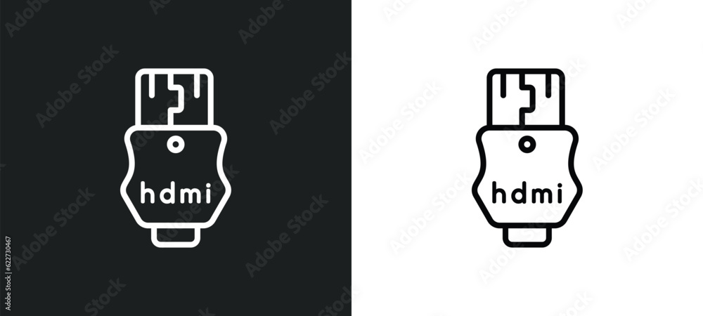 Poster hdmi outline icon in white and black colors. hdmi flat vector icon from electronic devices collectio