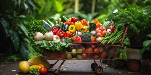 Shopping cart filled with fruits and vegetables growing into a lush garden , concept of Farm to table, created with Generative AI technology