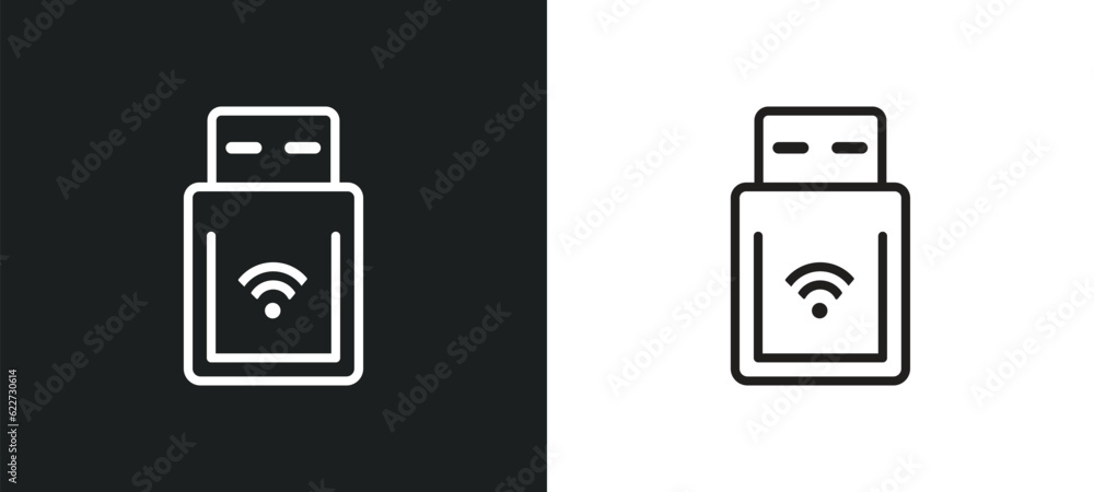 Poster usb wireless adapter outline icon in white and black colors. usb wireless adapter flat vector icon f