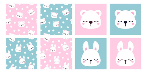 Vector cute polar bear and bunny seamless patterns. Cartoon blue and pink baby print illustrations.