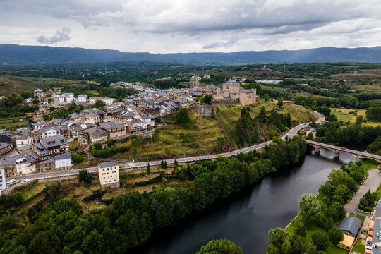 Aerial view of Puebla de Sanabria, a small town with a medieval castle along the Rio Tera river in Zamora, Spain.