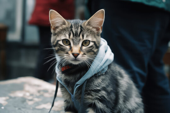 Fluffy grey cat dressed as a human on the street in a crowd of passersby. Creative concept of street fashion, casual wear, street style. Generative AI professional photo imitation.