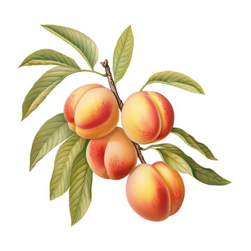 Botanical illustration, branch with peaches in retro style, PNG. Generative AI	