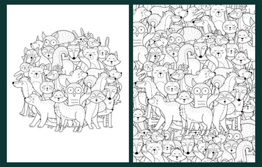 Cute forest characters coloring pages set in US Letter format. Woodland animals prints in black and white. Vector illustration