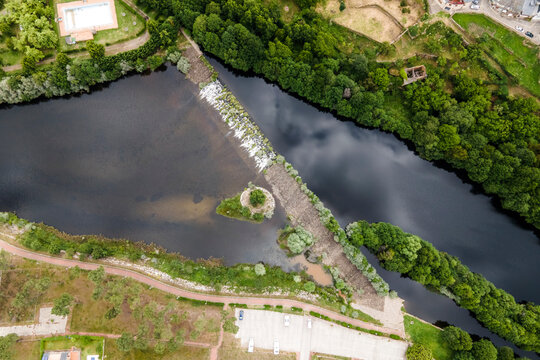 Aerial view of Rio Tera river crossing Puebla de Sanabria in Zamora, Spain.