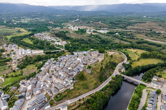 Aerial view of Puebla de Sanabria, a small town with a medieval castle along the Rio Tera river in Zamora, Spain.