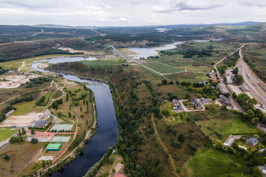 Aerial view of Rio Tera river crossing Puebla de Sanabria in Zamora, Spain.