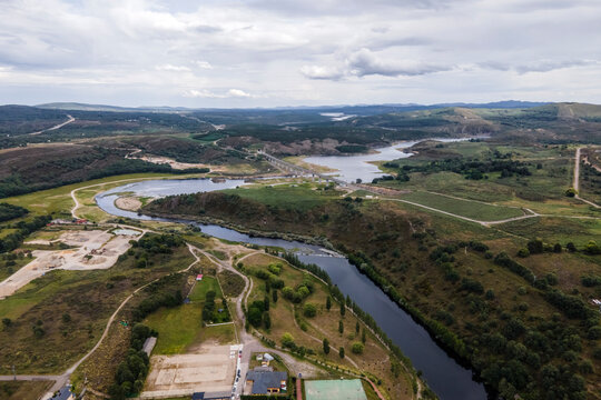 Aerial view of Rio Tera river crossing Puebla de Sanabria in Zamora, Spain.