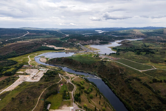 Aerial view of the highway crossing the Rio Tera river in Puebla de Sanabria, Zamora, Spain.