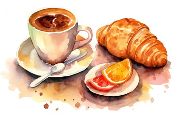 Watercolor Coffee Clip art, breakfast, croissant and espresso on white background Generative AI