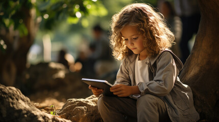 Little Girl Using Tablet Under Tree