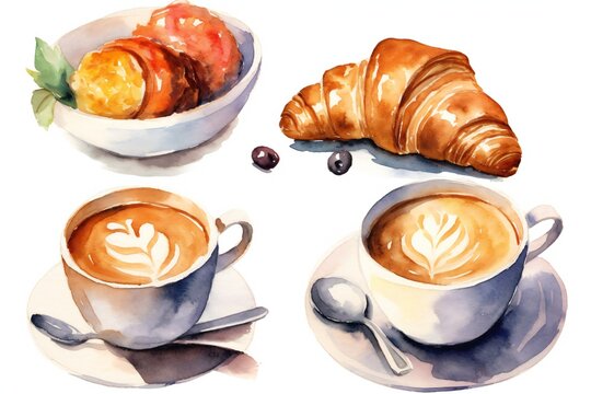 Watercolor Coffee Clip art, breakfast, croissant and espresso on white background Generative AI