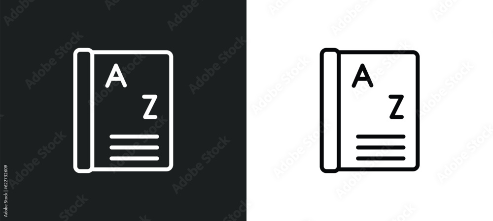 Poster dictionary outline icon in white and black colors. dictionary flat vector icon from education collec