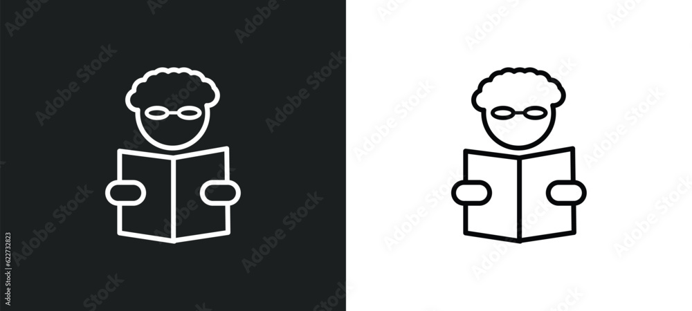 Poster man reading outline icon in white and black colors. man reading flat vector icon from education coll