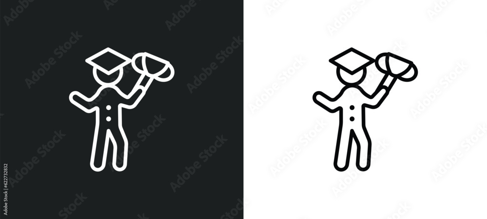 Poster man with trophy outline icon in white and black colors. man with trophy flat vector icon from educat