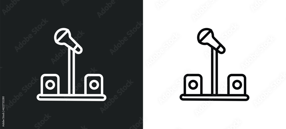 Poster microphone with stand outline icon in white and black colors. microphone with stand flat vector icon