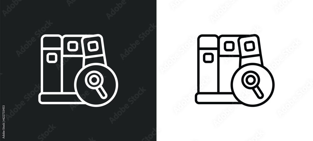 Poster stack of books and magnifier outline icon in white and black colors. stack of books and magnifier fl