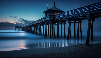 Naklejka premium Blue Hour before the sunrise along the pier Ai generated image