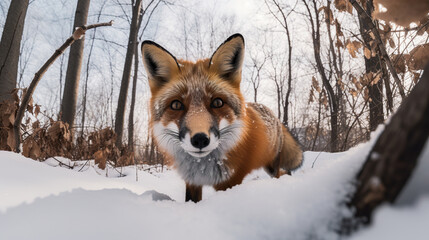 A playful and curious fox captured in the snow with a wide-angle lens. Curious red calm fox in the snow in winter. Realistic 3D illustration. Generative AI