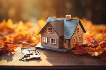Miniature model house with autumn leafs and keys. Concept of buying house. Real estate, realty, home loan, mortgage, home owner. Generative AI