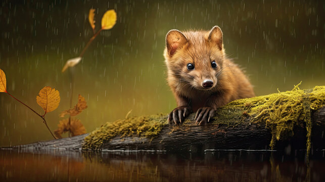 Fototapeta marten in the autumn forest on a rainy day.