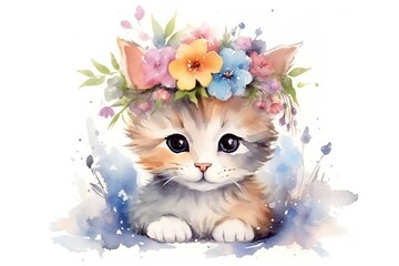 Watercolor cute cat on white background Generative AI