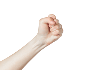 Hand showing fist isolated on white background.