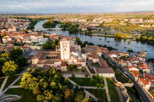 Aerial view of Zamora main cathedral in the old town at sunset, Spain.