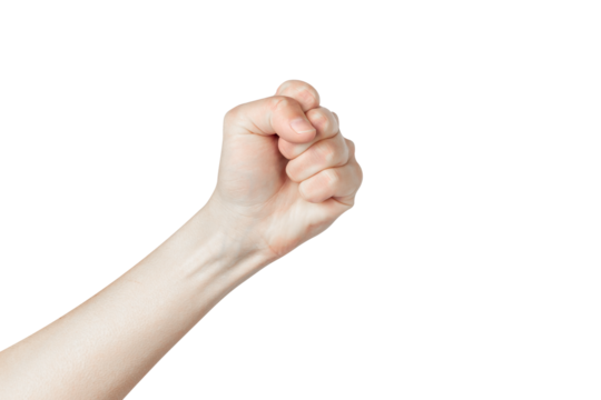 Hand showing fist isolated on white background.