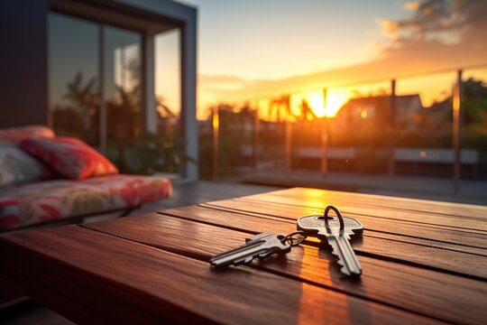 Keys To A New Home Lying On A Table In A Scenic Scene With The Sun Setting. Concept Of Buying House. Real Estate, Realty, Home Loan, Mortgage, Home Owner. Generative AI