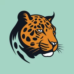 Foto op Plexiglas Cartoon cheetah, jaguar or leopard head. wild big cat face symbol, mascot, or logo design. Isolated vector illustration. © AndhikaRff