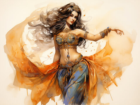 Beautiful and sensual female belly dancer, sketch illustration style
