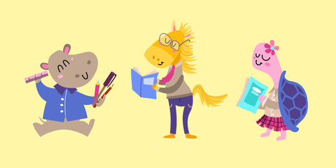 Fototapeta na wymiar School cute template cartoon. Colorful animals characters on lesson. Back to school set in cartoon style