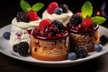 Assorted different mini cakes with cream, chocolate and berries