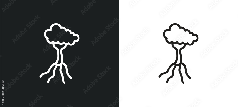 Poster tree and roots outline icon in white and black colors. tree and roots flat vector icon from ecology 