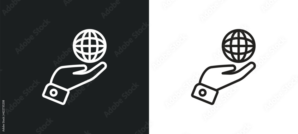 Poster globe on hand outline icon in white and black colors. globe on hand flat vector icon from ecology co
