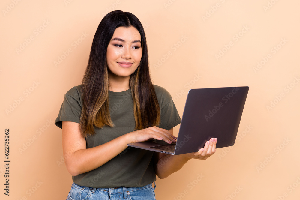 Sticker Portrait of pretty indonesian lady use wireless netbook coworking write email isolated on beige color background