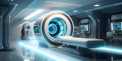 advanced mri or ct scan medical diagnosis machine at hospital lab as wide banner with copy space area - Generative AI