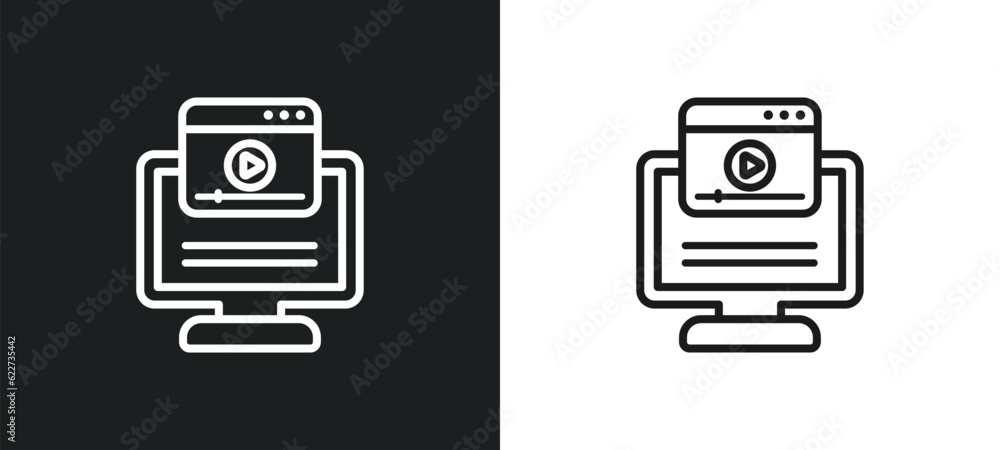 Poster video tutorial outline icon in white and black colors. video tutorial flat vector icon from e learni
