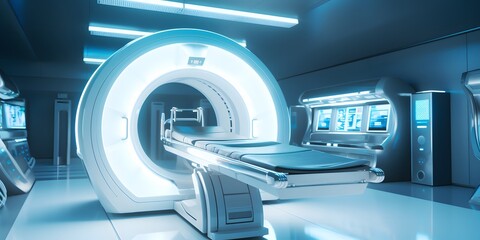 advanced mri or ct scan medical diagnosis machine at hospital lab as wide banner with copy space area - Generative AI