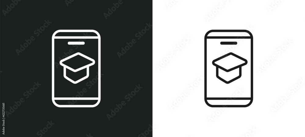 Poster mobile learning outline icon in white and black colors. mobile learning flat vector icon from e lear