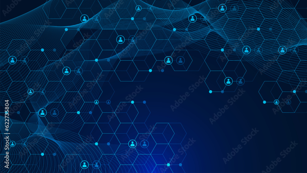 Poster abstract hexagonal patter with people icon and wave flow. network connection, social networking and 