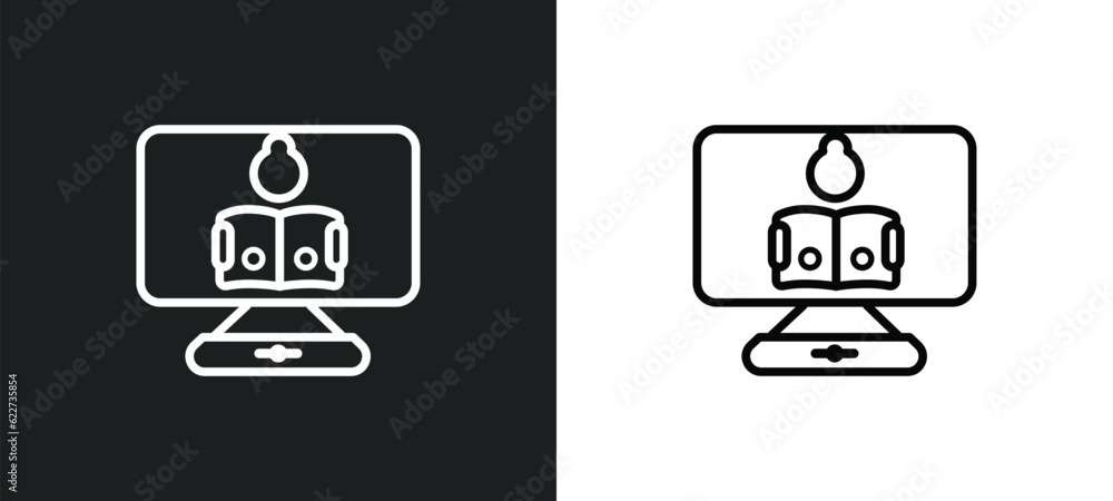 Poster studying outline icon in white and black colors. studying flat vector icon from online learning coll
