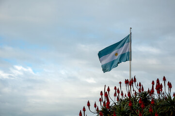 Light blue and white Argentinian flag waving with blue sky and grey clouds as background