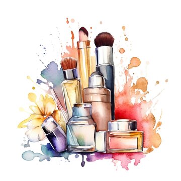 recommend clip art: Beauty Cosmetic Watercolor Clipart on white background, alcohol ink. AI Generative