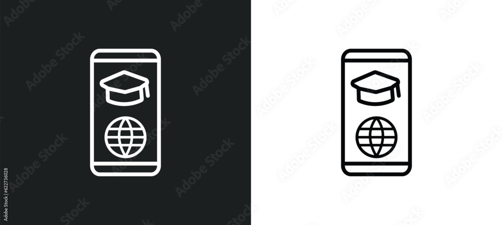Poster online learning outline icon in white and black colors. online learning flat vector icon from online