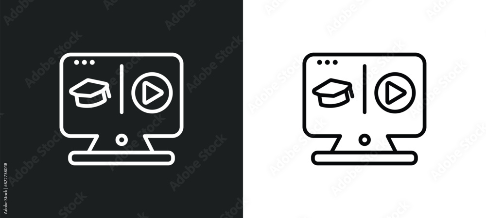 Poster online course outline icon in white and black colors. online course flat vector icon from online lea
