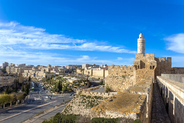 Panoramic skyline view of Jerusalem and arab and jewish neighborhood near historic center.