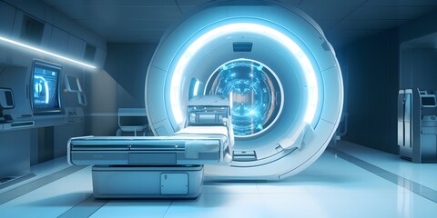 advanced mri or ct scan medical diagnosis machine at hospital lab as wide banner with copy space area - Generative AI